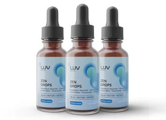 Image shows the LUV health Zen Drops bottle and label signaling calm mood support.