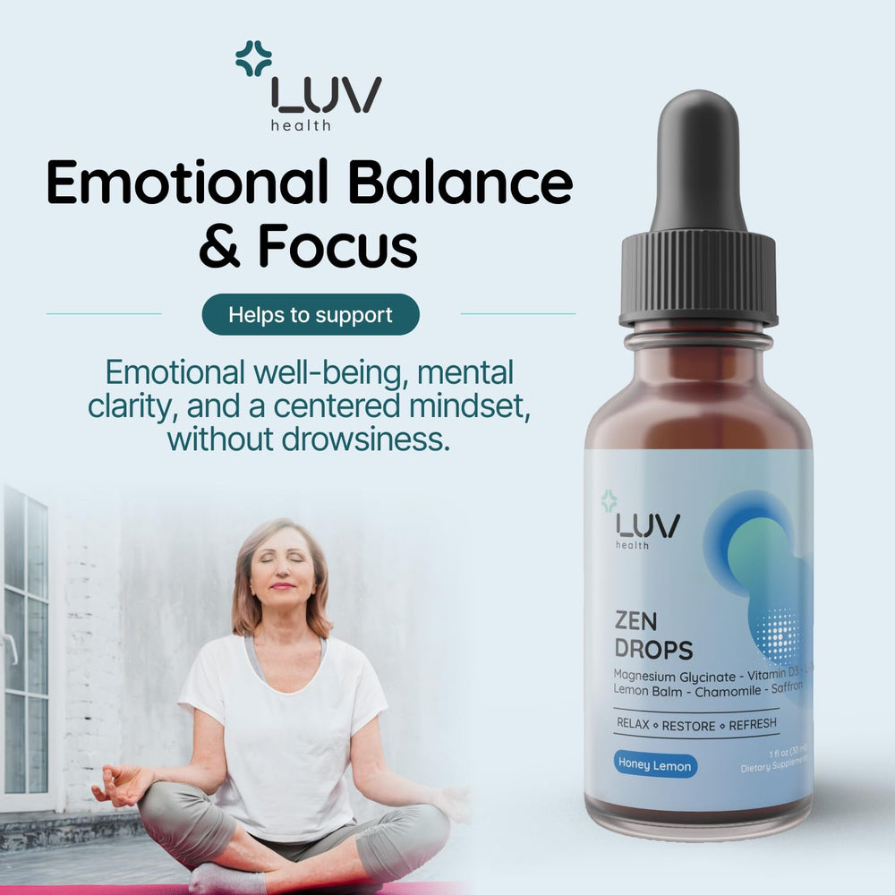The LUV health Zen Drops liquid texture emphasizes easy dosing.