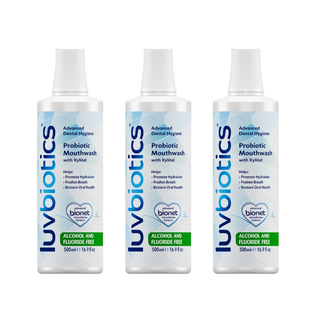 Luv Biotics fluoride-free mouthwash bottle shows probiotic balance for a healthier mouth.