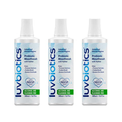 Luv Biotics fluoride-free mouthwash bottle shows probiotic balance for a healthier mouth.