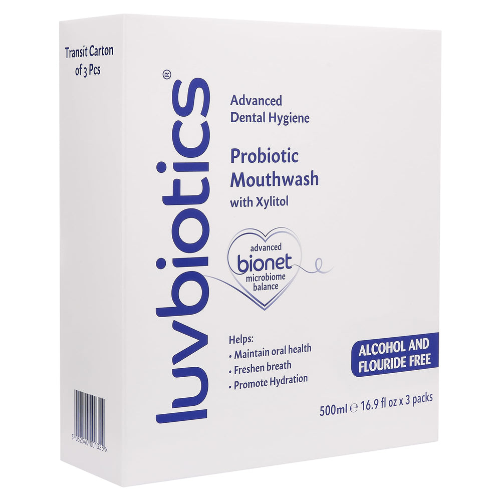 Luv Biotics halitosis solution bottle implies natural breath freshness through probiotic activity.