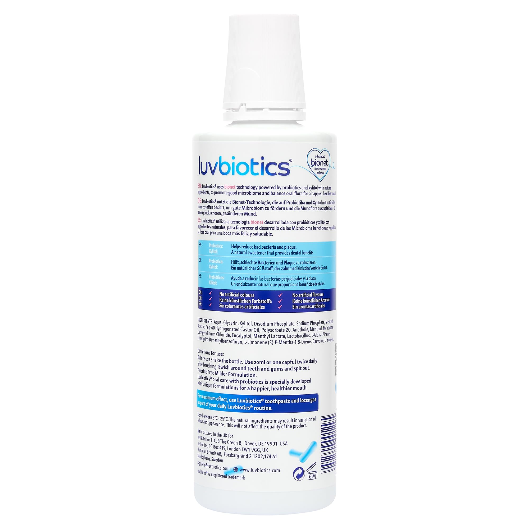 Luv Biotics fluoride-free mouthwash no alcohol icon suggests a kinder mouthwash experience.