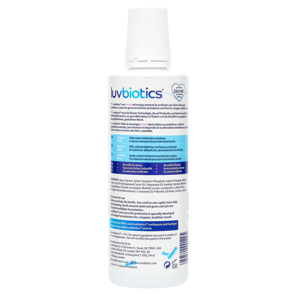 Luv Biotics fluoride-free mouthwash no alcohol icon suggests a kinder mouthwash experience.