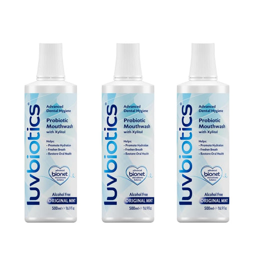 LuvBiotics Mouthwash bottle front view highlights probiotic formula for balanced mouth flora.