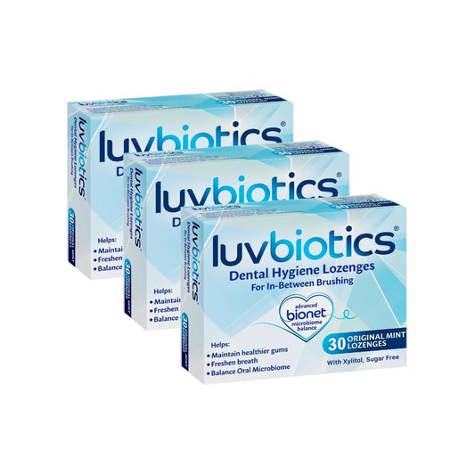 LuvBiotics Original Mint Lozenges packaging showing probiotic support for balanced oral flora.