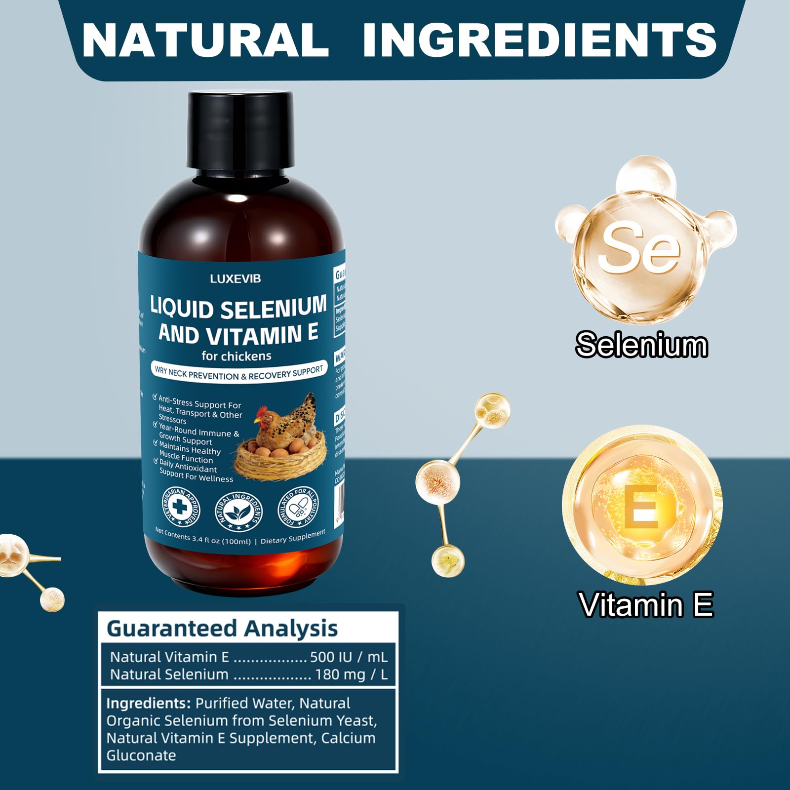 LuxeVib E+S Poultry Vitality bottle side view emphasizes easy mix-in