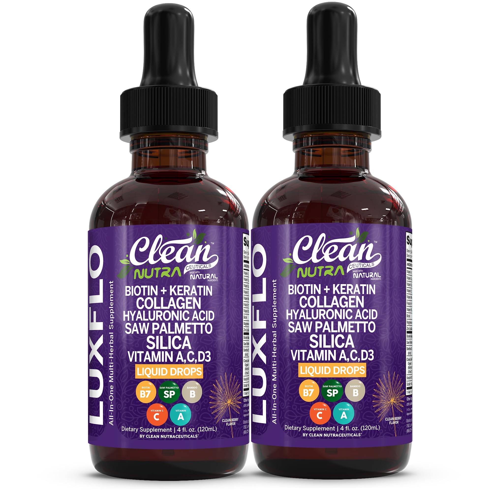 LuxGlo Biotin liquid bottle pour: easy daily drops to support hair and skin.