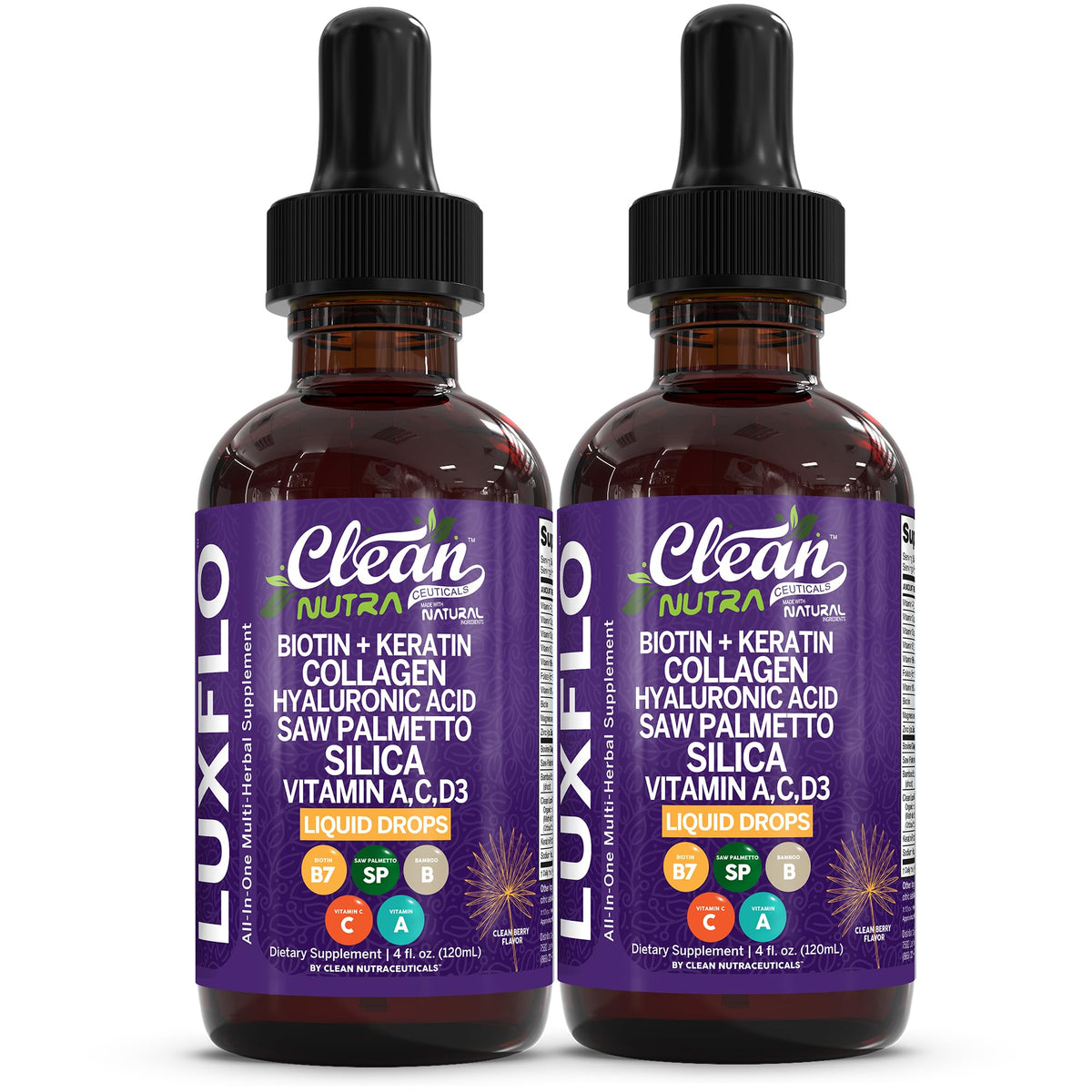 LuxGlo Biotin liquid bottle pour: easy daily drops to support hair and skin.
