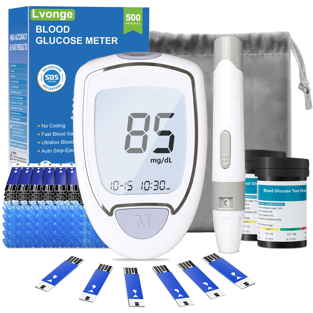 Lvonge glucose monitor kit front view for at-home testing and travel.
