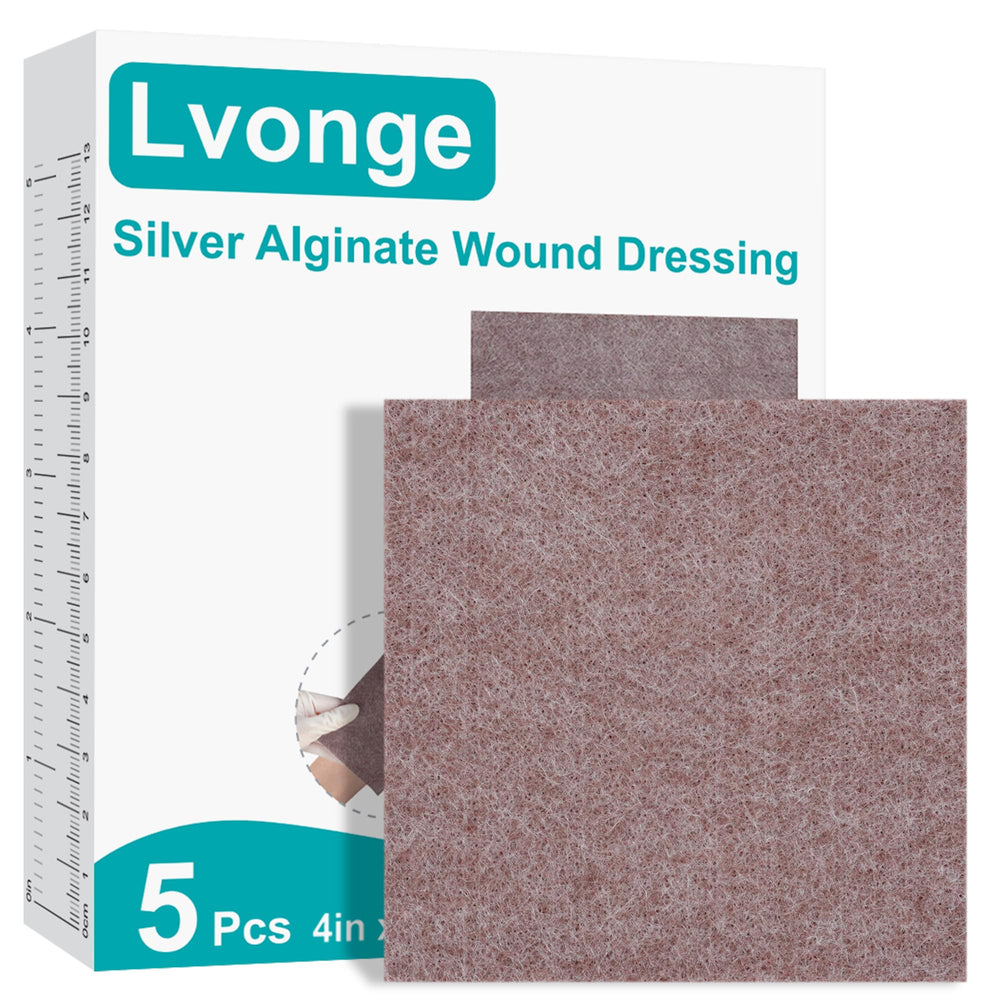 Lvonge silver calcium alginate wound dressing 4x4 pack shows absorbent pads for exudate management