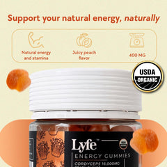 LYFE Peach Gummies ingredients panel highlighting organic Cordyceps and gluten-free plant-based formula