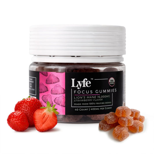 LYFE functional mushroom gummies strawberry bottle highlights daily focus and clarity.