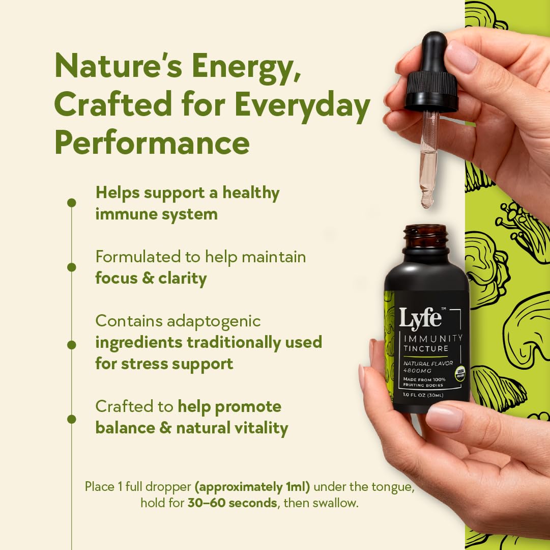 LYFE Immunity Tincture dropper pour demonstrating easy-to-use liquid drops for daily balance.