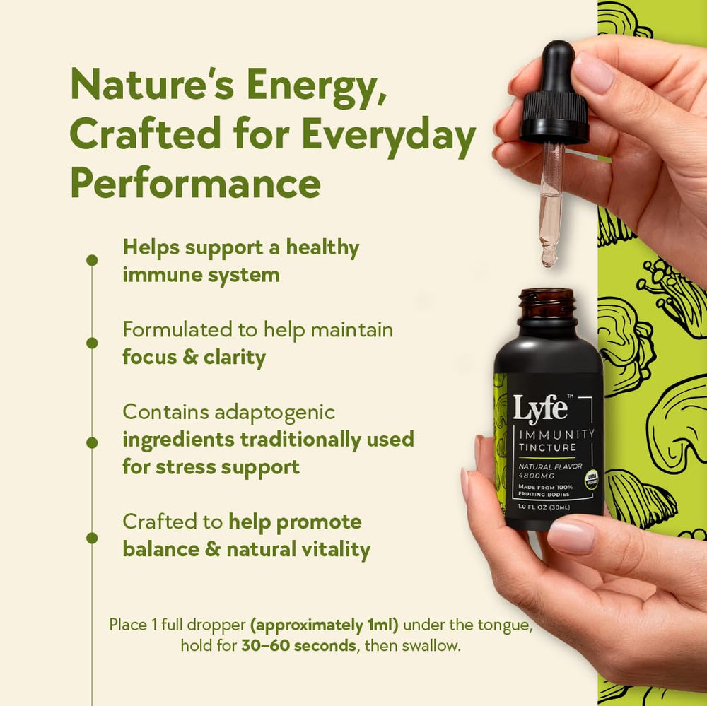 LYFE Immunity Tincture dropper pour demonstrating easy-to-use liquid drops for daily balance.