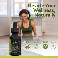 LYFE Immunity Tincture label front highlighting USDA organic, non-GMO mushrooms.