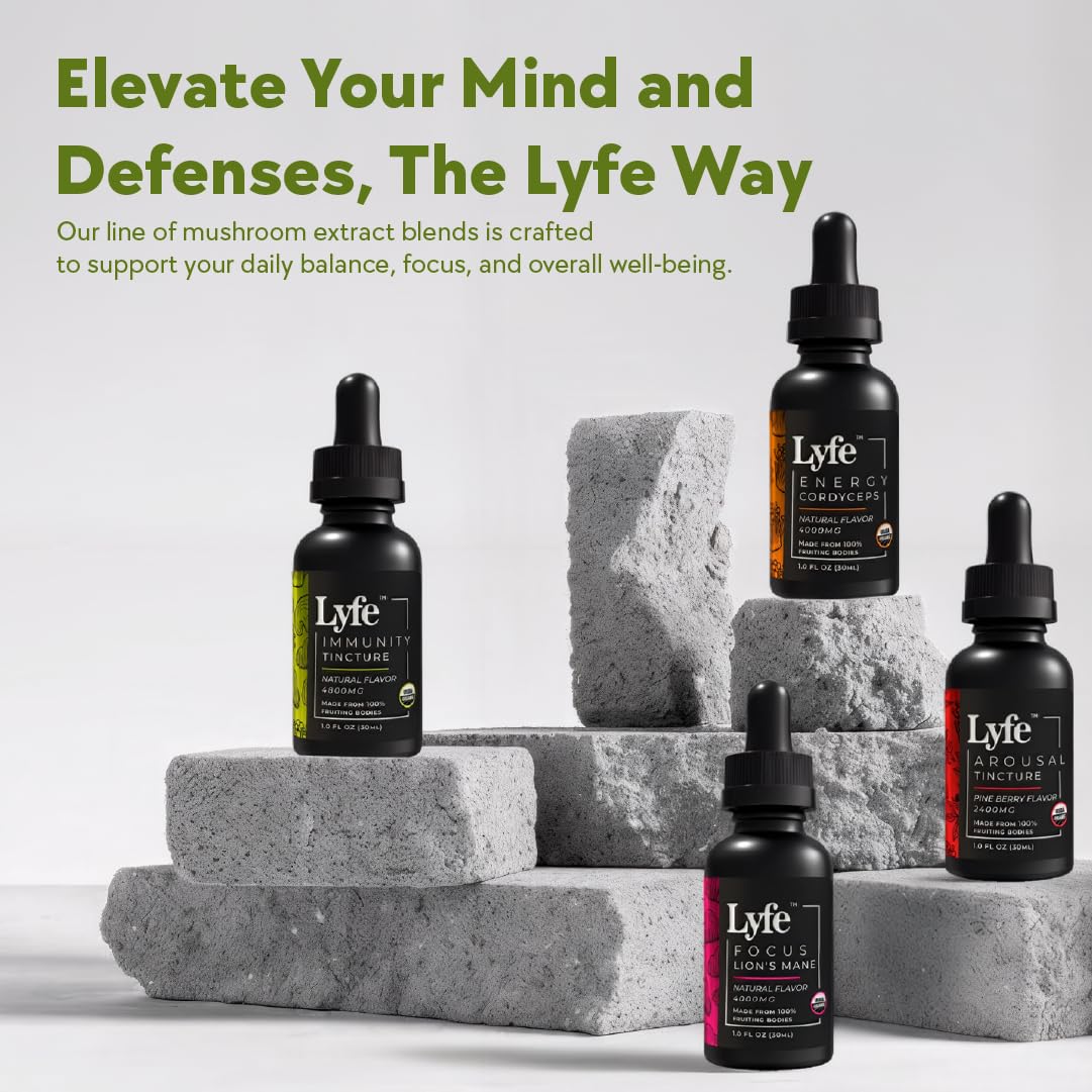 LYFE Immunity Tincture on wooden table signaling premium vegan wellness in a compact bottle.
