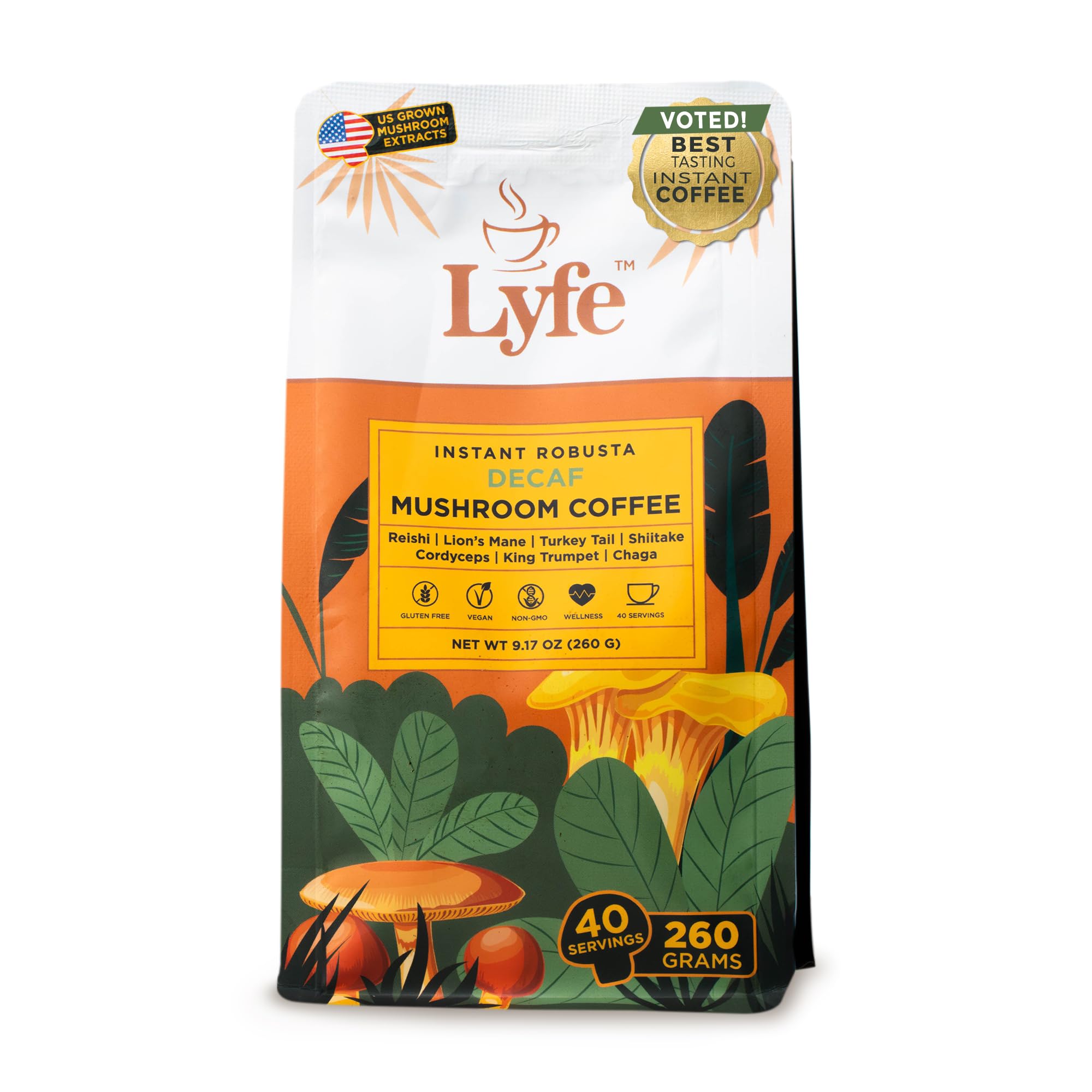 LYFE Organic Instant Decaf Mushroom Coffee bottle close-up for caffeine-free daily energy.