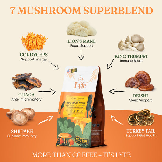 LYFE Organic Instant Decaf Mushroom Coffee packaging highlights organic blend.
