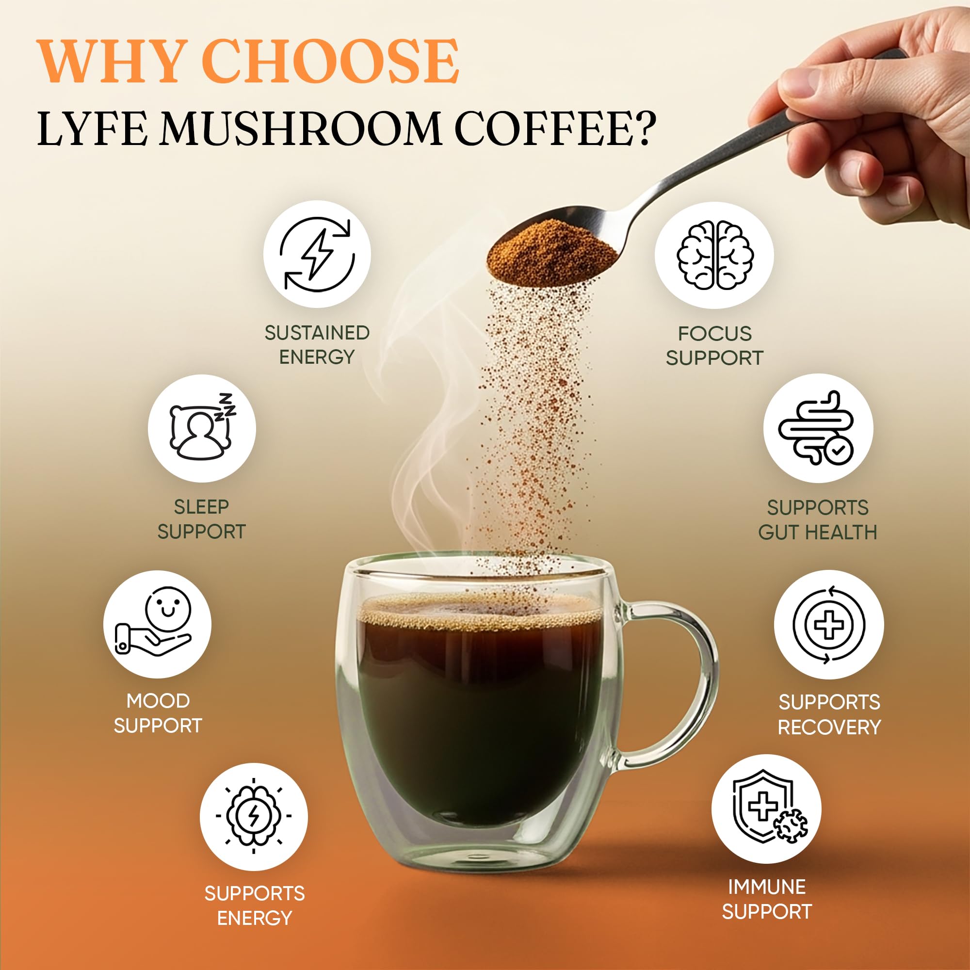 LYFE Decaf Mushroom Coffee being poured into a cup for a calm ritual.