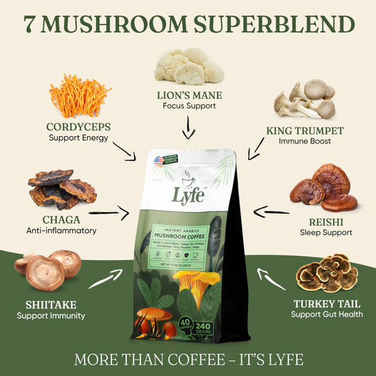 LYFE mushroom coffee cup steams, suggesting a balanced focus aroma.