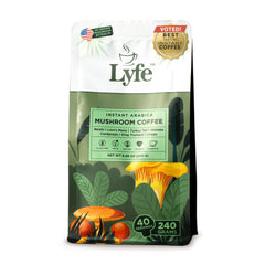 LYFE mushroom coffee packaging shows USA-grown blend for daily vitality.