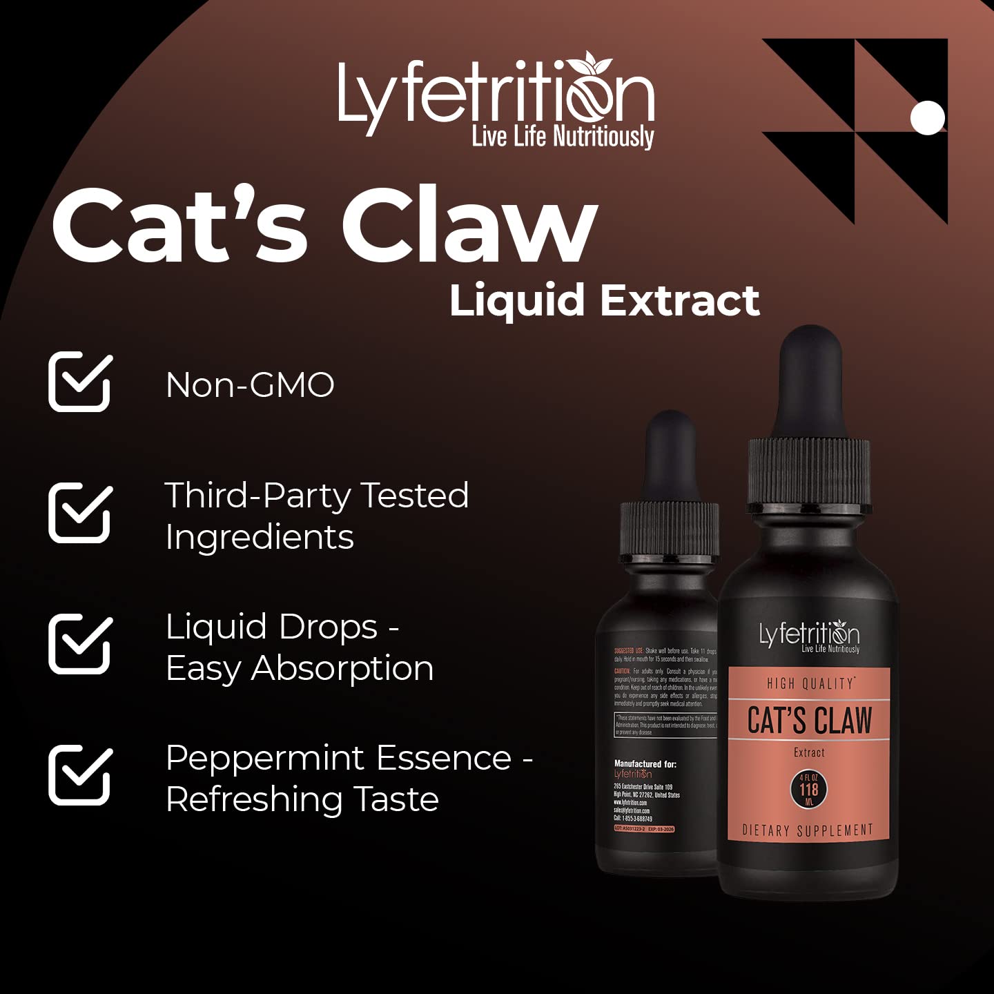 Lyfetrition Cat's Claw third-party testing badge indicating product quality.