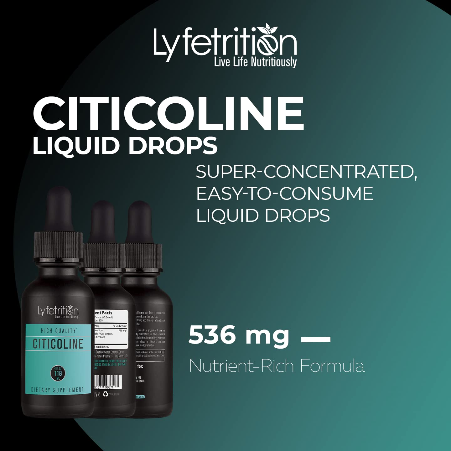 Lyfetrition Citicoline label highlights non-GMO and USA-made production.