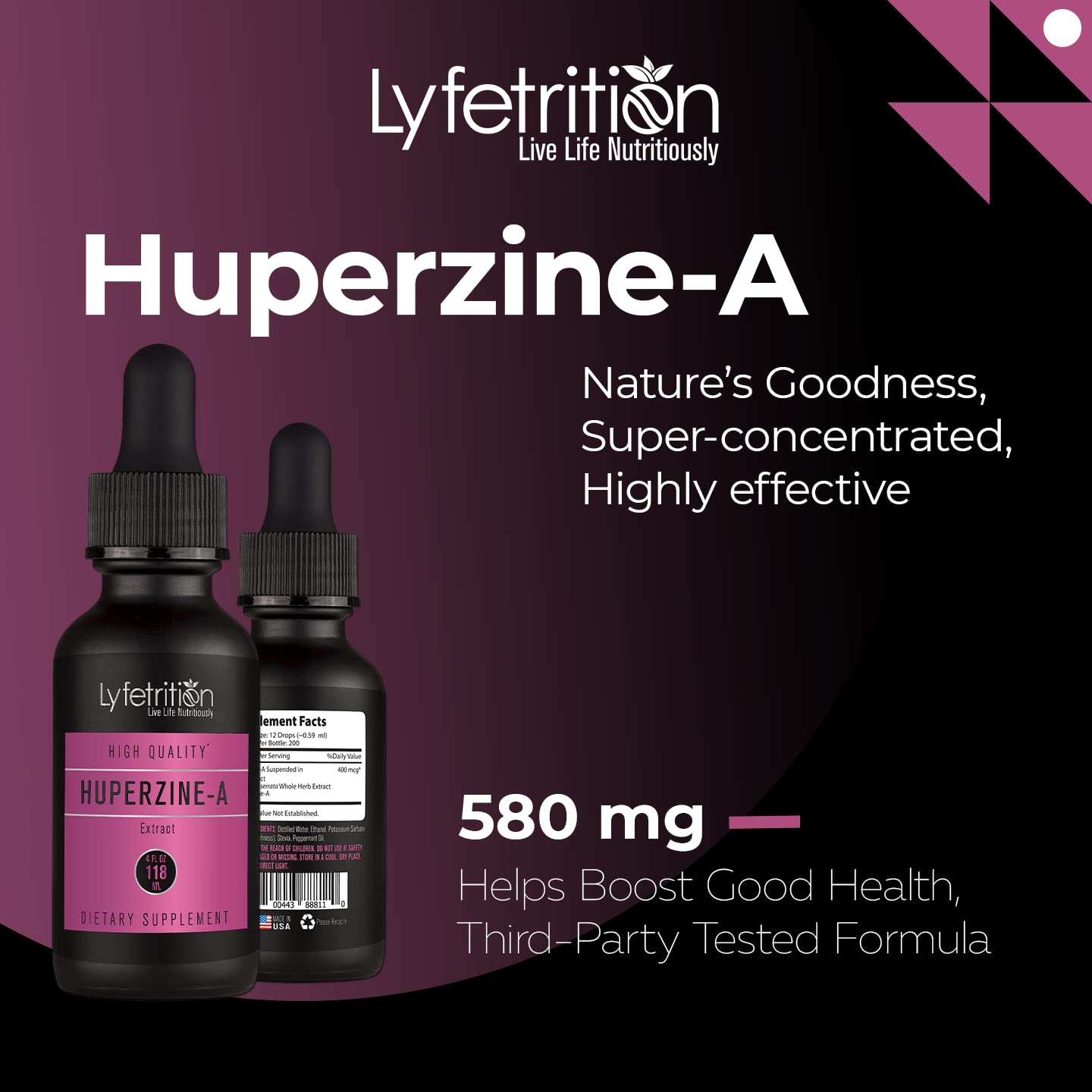 Lyfetrition Huperzine-A third-party testing logo reinforces product integrity.