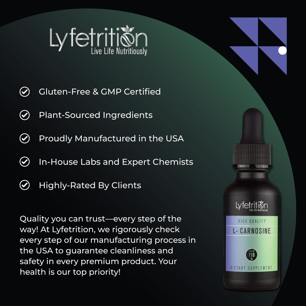 Lyfetrition L-Carnosine Liquid bottle with glass of water.