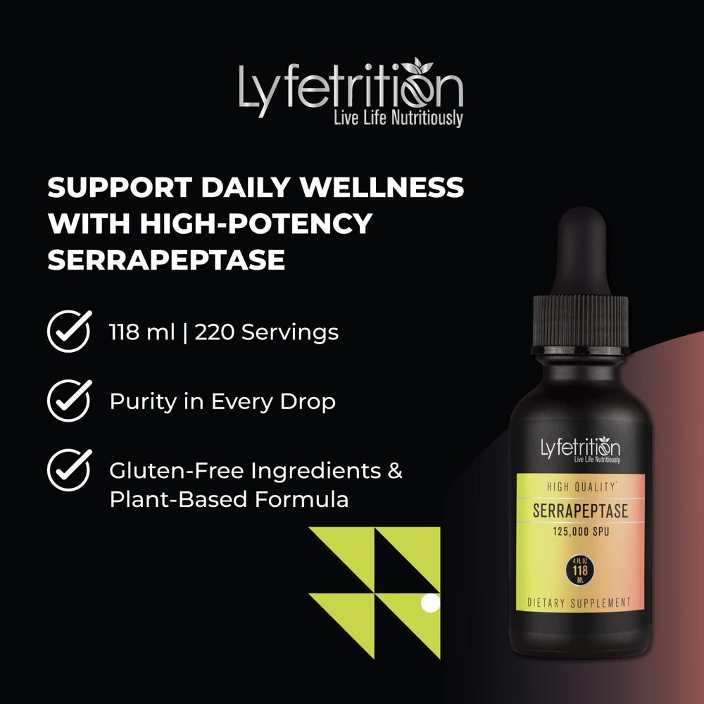 Plant-based ingredients note on Lyfetrition Serrapeptase packaging.