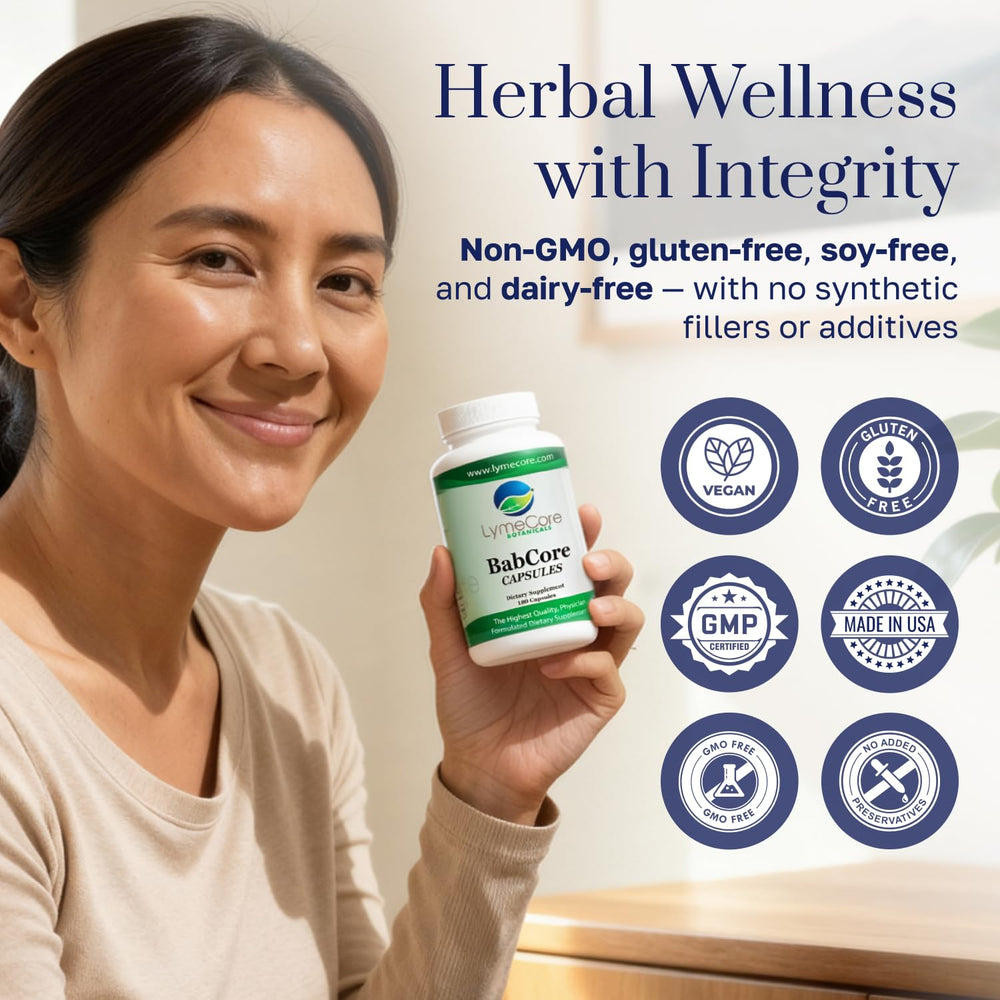 Close-up of LymeCore Babcore capsules showing plant-based, clean formula.