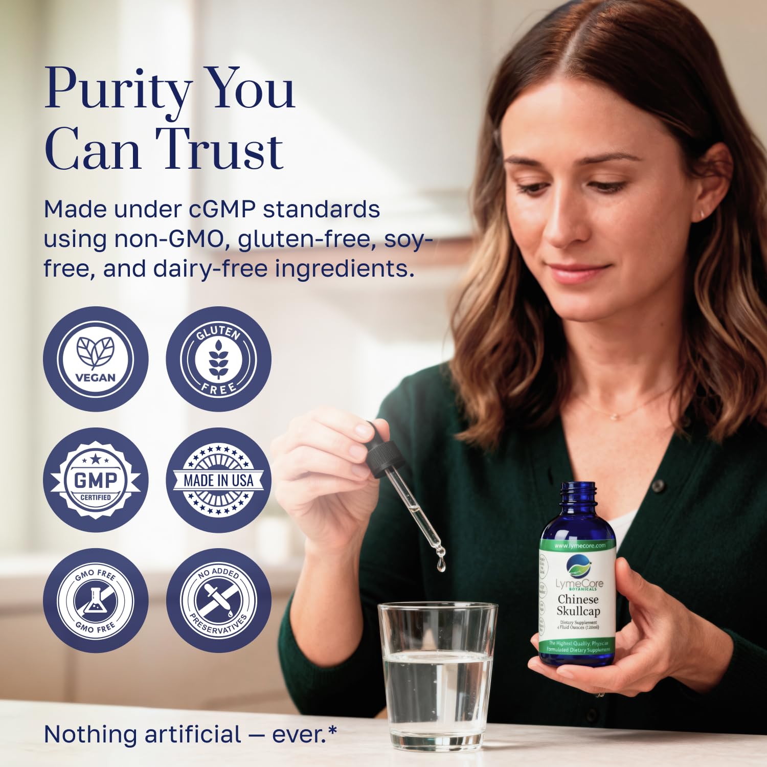 LymeCore Chinese Skullcap bottle with glass suggests a simple daily wellness ritual.