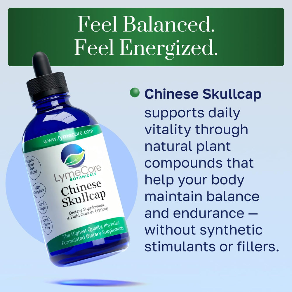 LymeCore Chinese Skullcap liquid label closeup shows third‑party tested purity.