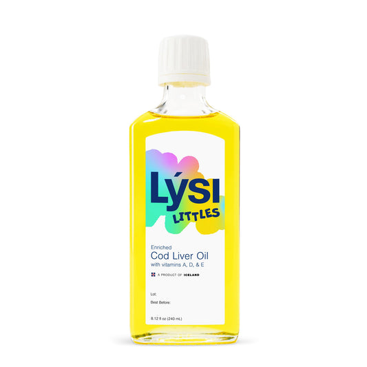 LYSI Littles bottle pour action, easy controlled serving for busy mornings.
