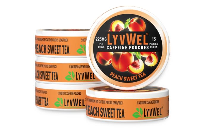 LyvWel 225mg caffeine energy pouches 75-pack pack shot highlighting strong energy.