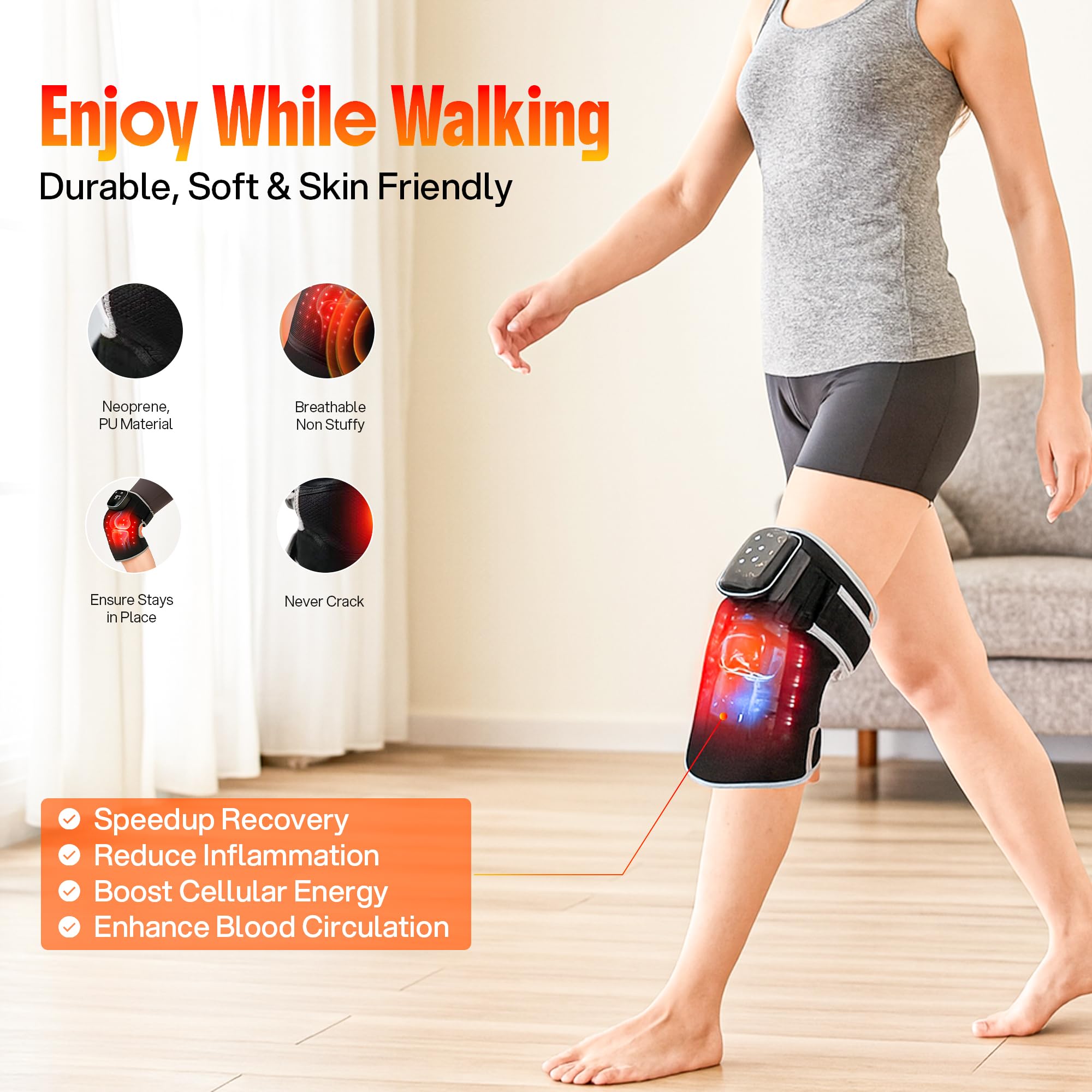 M. EMAMI knee massager side view shows adjustable strap for secure comfort.