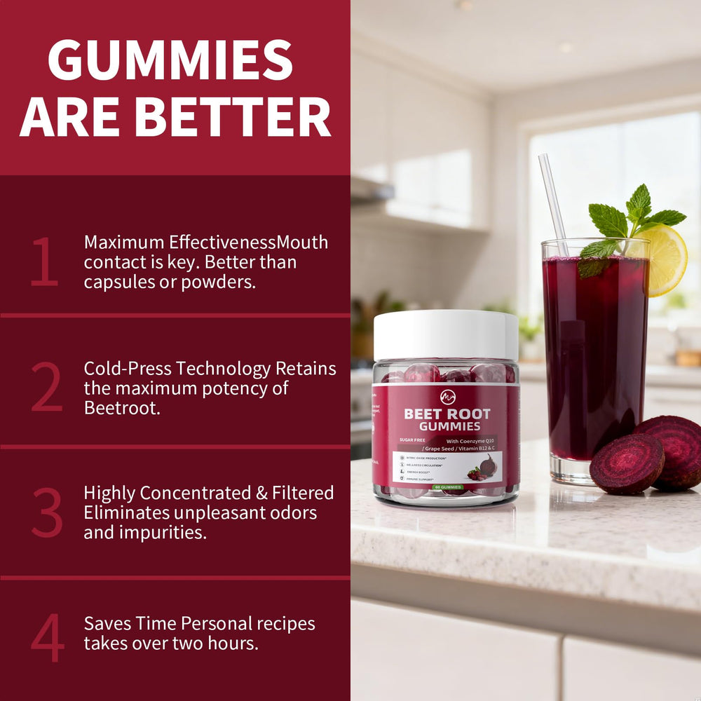 M inch Beet Root Gummies berry-pomegranate flavor displayed on bright backdrop.