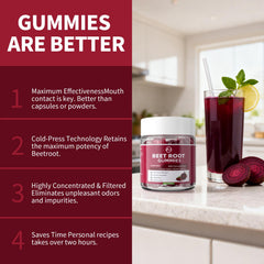 M inch Beet Root Gummies berry-pomegranate flavor displayed on bright backdrop.