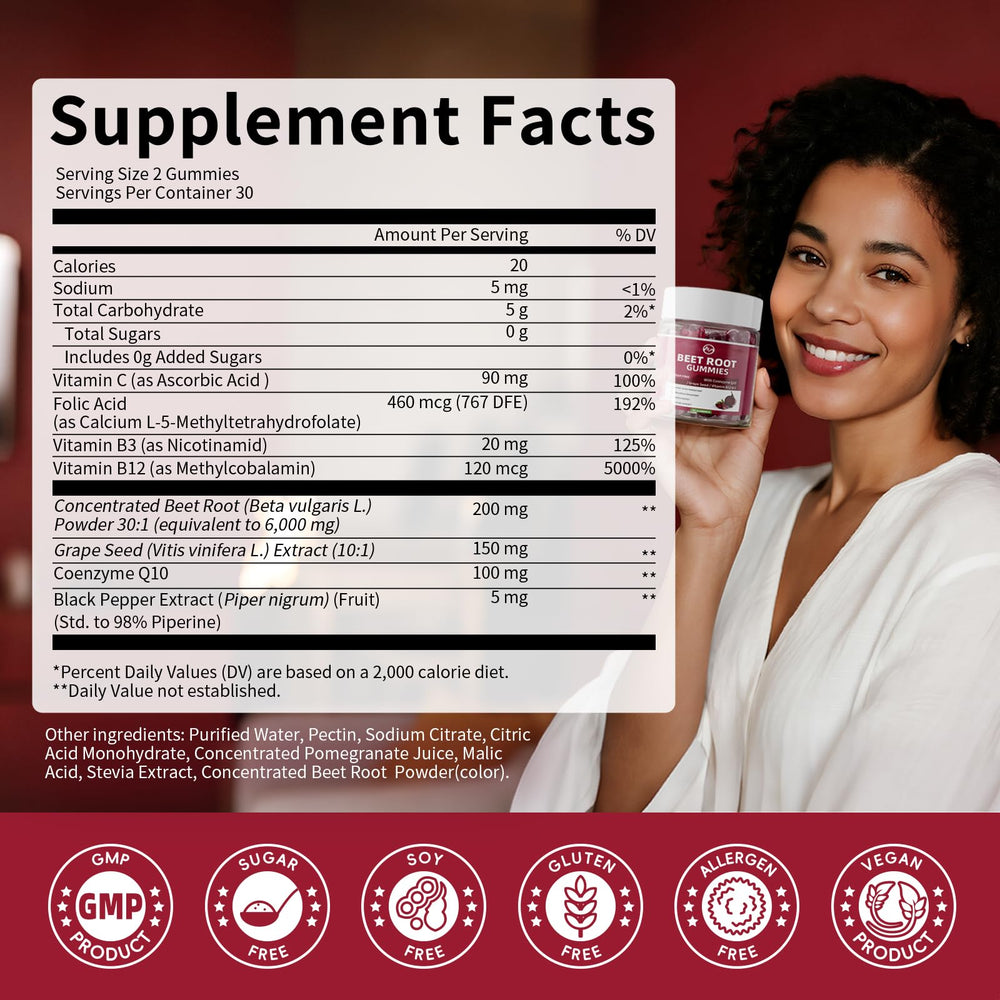 M inch Beet Root Gummies vegan and sugar-free symbol on label.