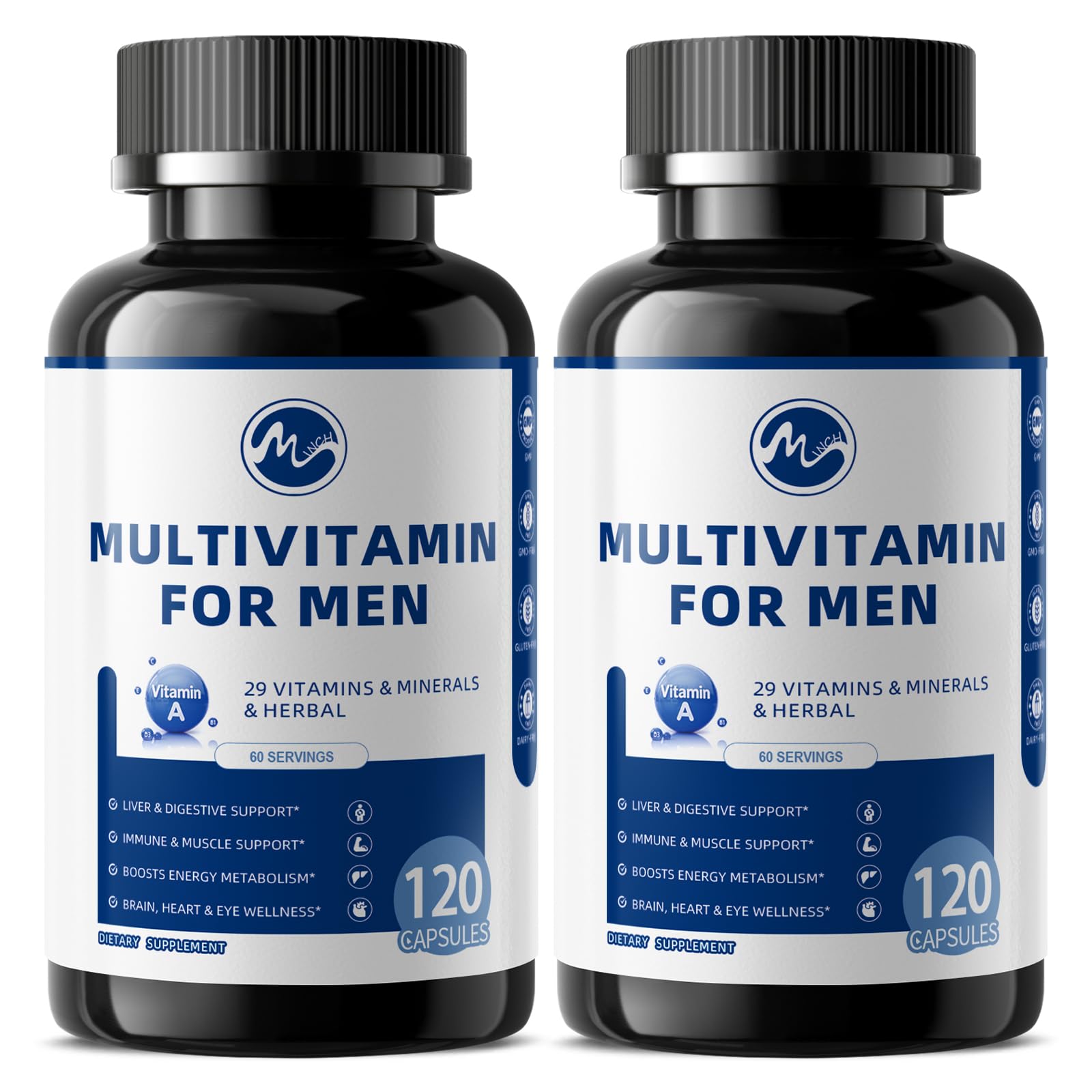M inch multivitamin for men bottle front highlights daily energy support.
