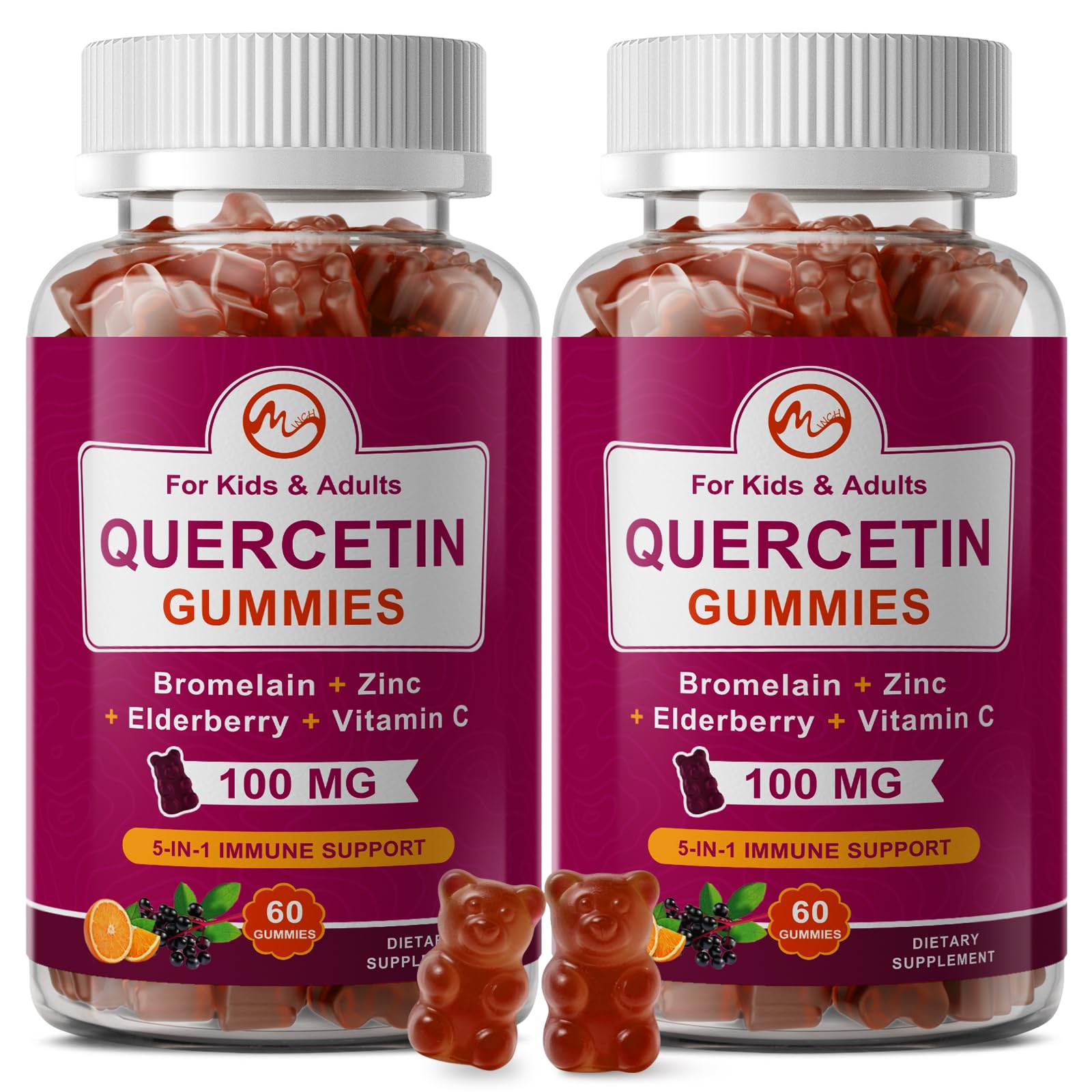 M inch Quercetin Gummies bottle showing vegan immune support formula