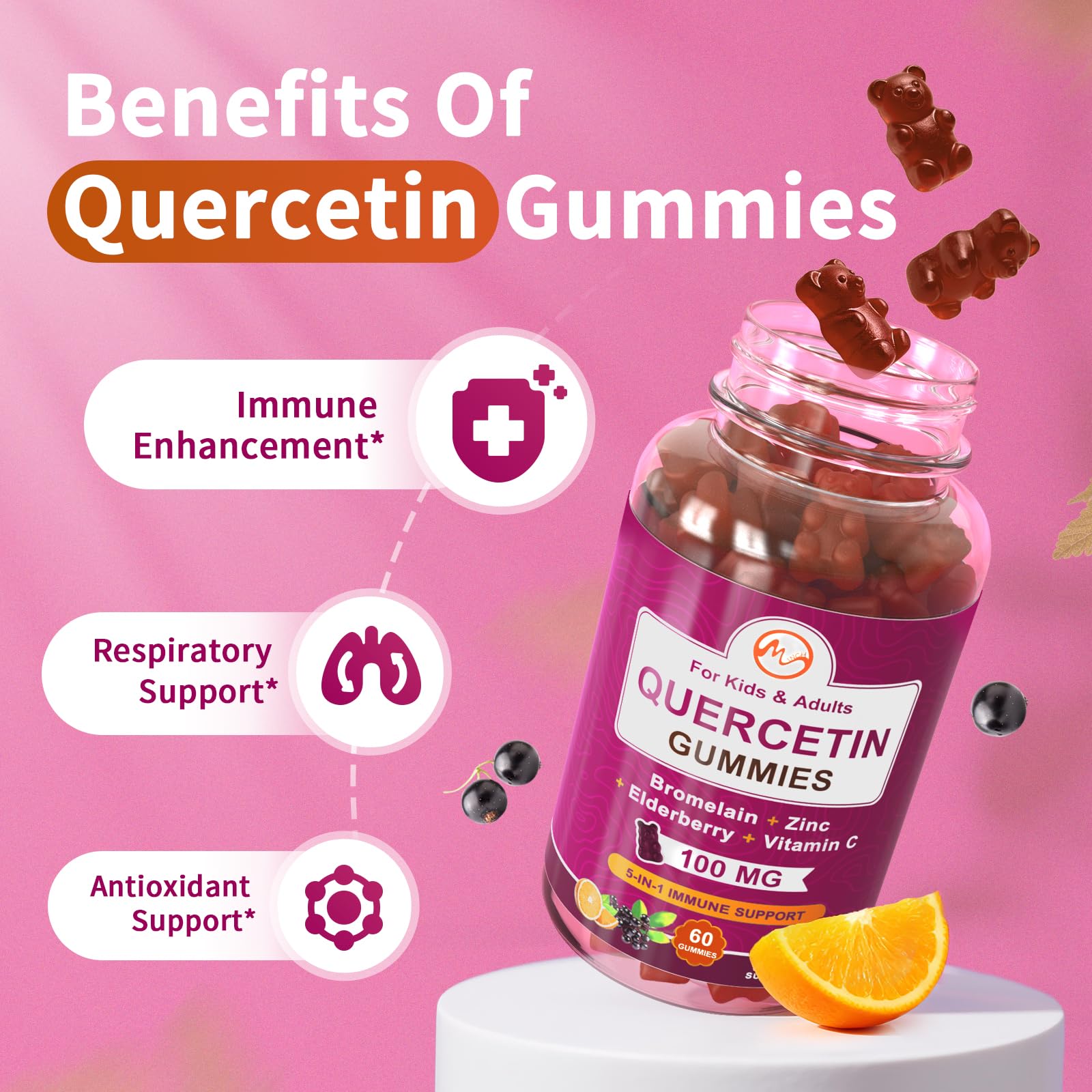 Label of M inch Quercetin Gummies with ingredients and allergen-free promise
