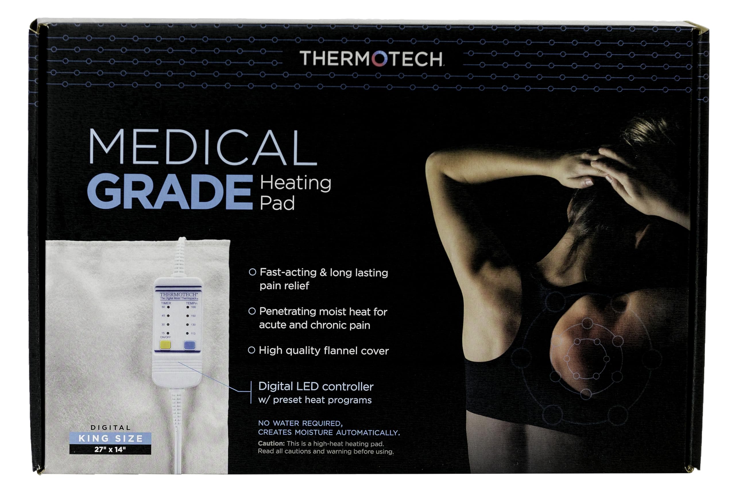 Thermotech heating pad packaging flat lay highlights included essentials and soft cover