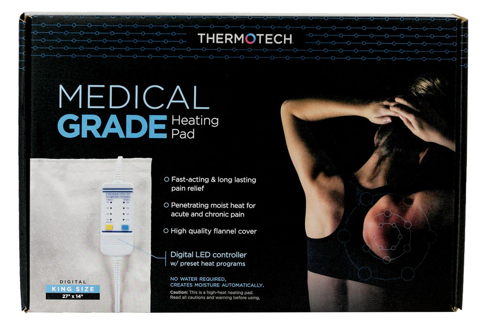 Thermotech heating pad packaging flat lay highlights included essentials and soft cover