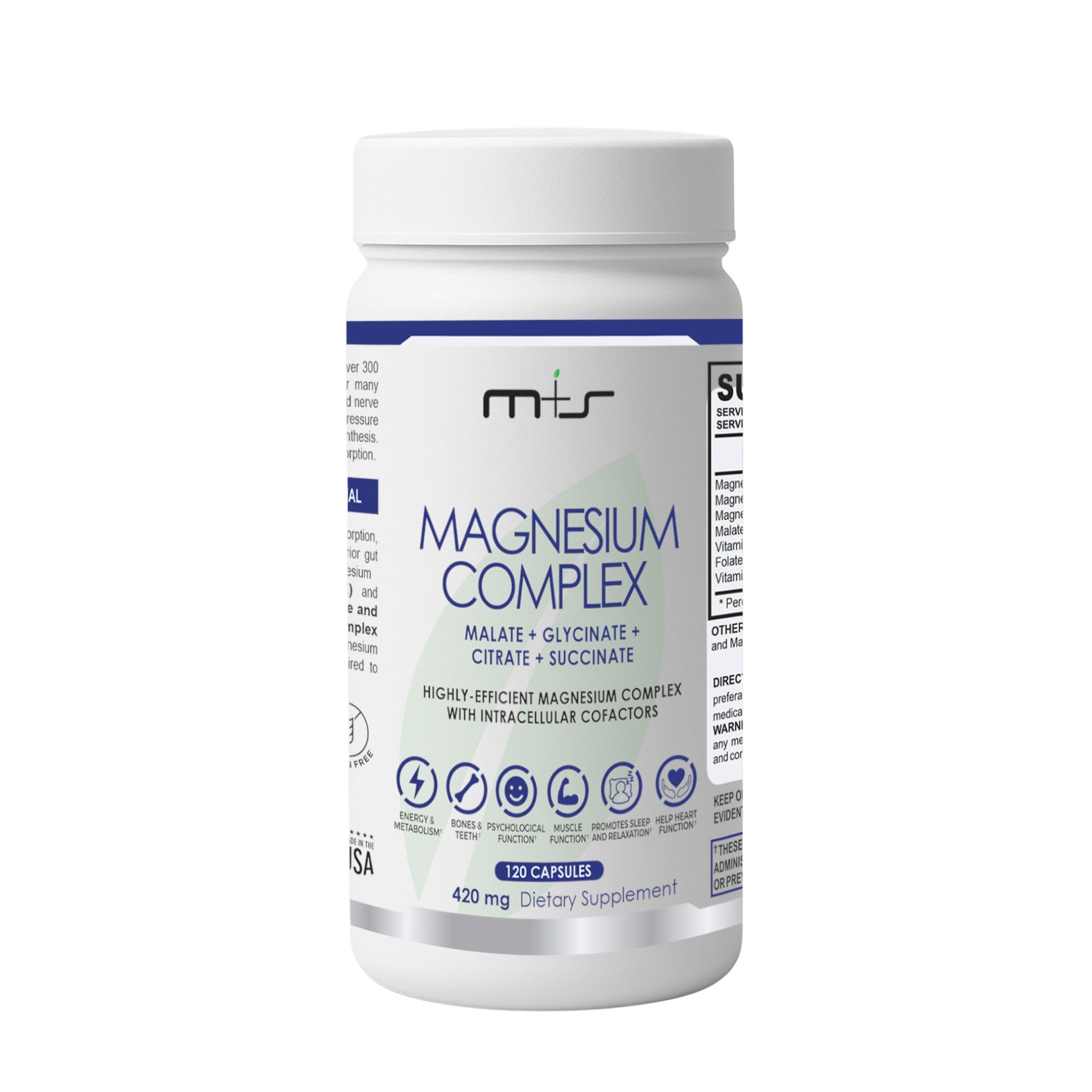 M+S Magnesium Complex bottle label close-up highlighting fast absorption formula for daily support.