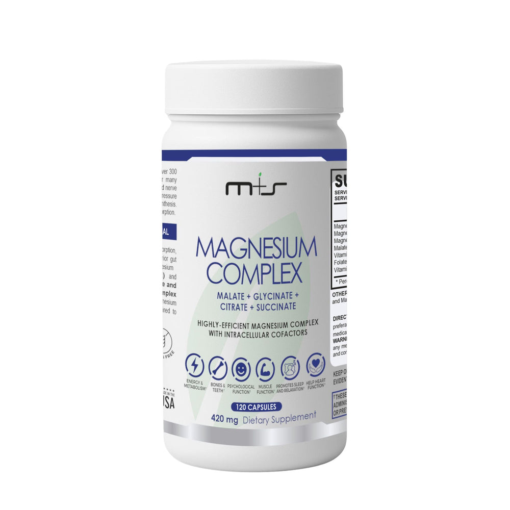 M+S Magnesium Complex bottle label close-up highlighting fast absorption formula for daily support.