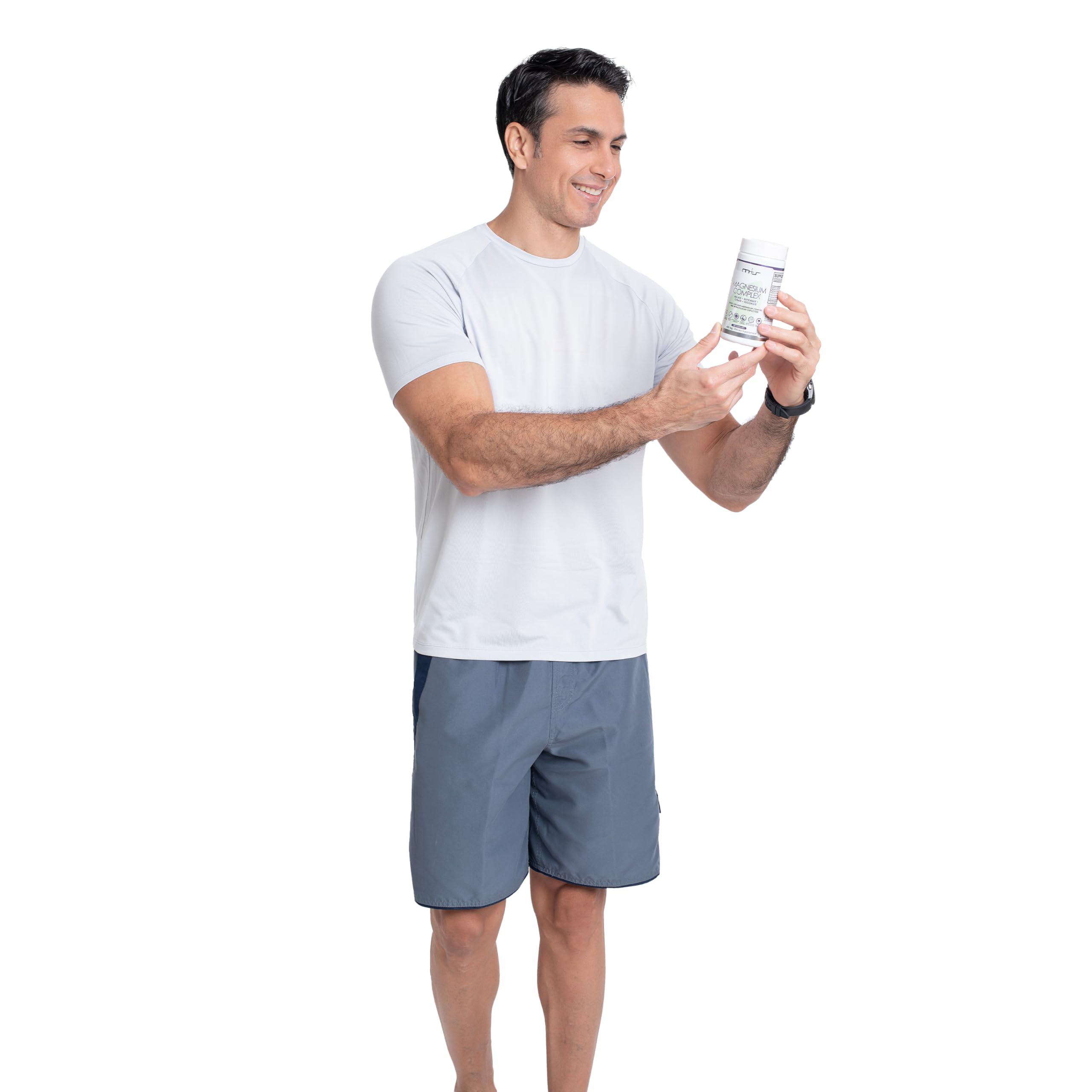 M+S Magnesium Complex bottle shown with lifestyle items emphasizing bone and nerve support.