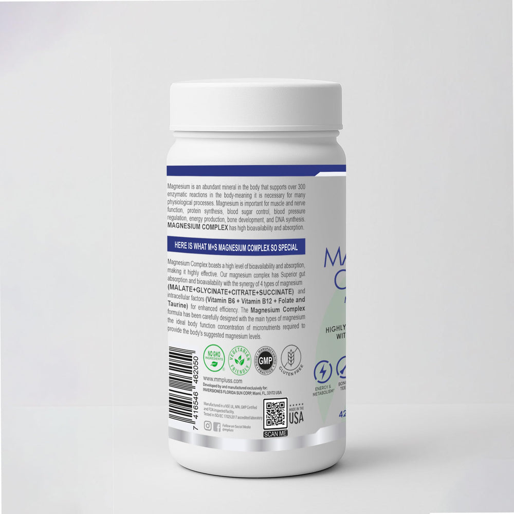 M+S Magnesium Complex ingredients: glycinate, citrate, and malate blend for balanced absorption.