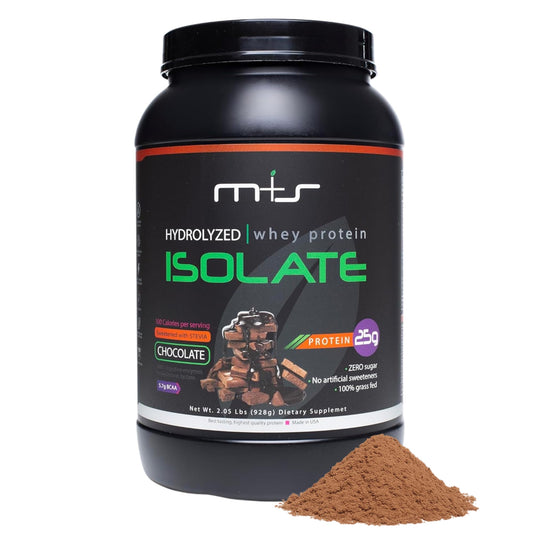 M+S hydrolyzed whey protein powder chocolate in jar for rapid post-workout recovery.
