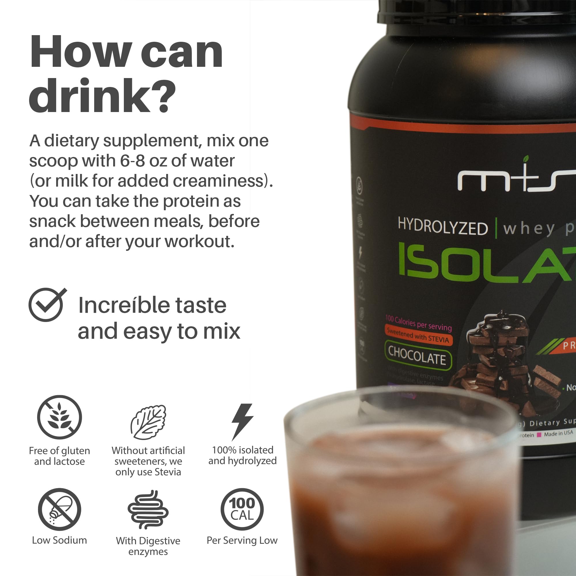 M+S nutrition facts panel highlights high protein, low carb benefits for fitness goals.